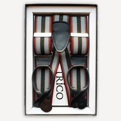 Trico Hosenträger>Hosenträger 36mm breit mit Rollzug Grün/Beige/Rot gestreift