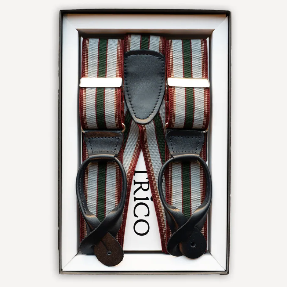 Trico Hosenträger>Hosenträger 36mm breit mit Rollzug Grün/Beige/Rot gestreift