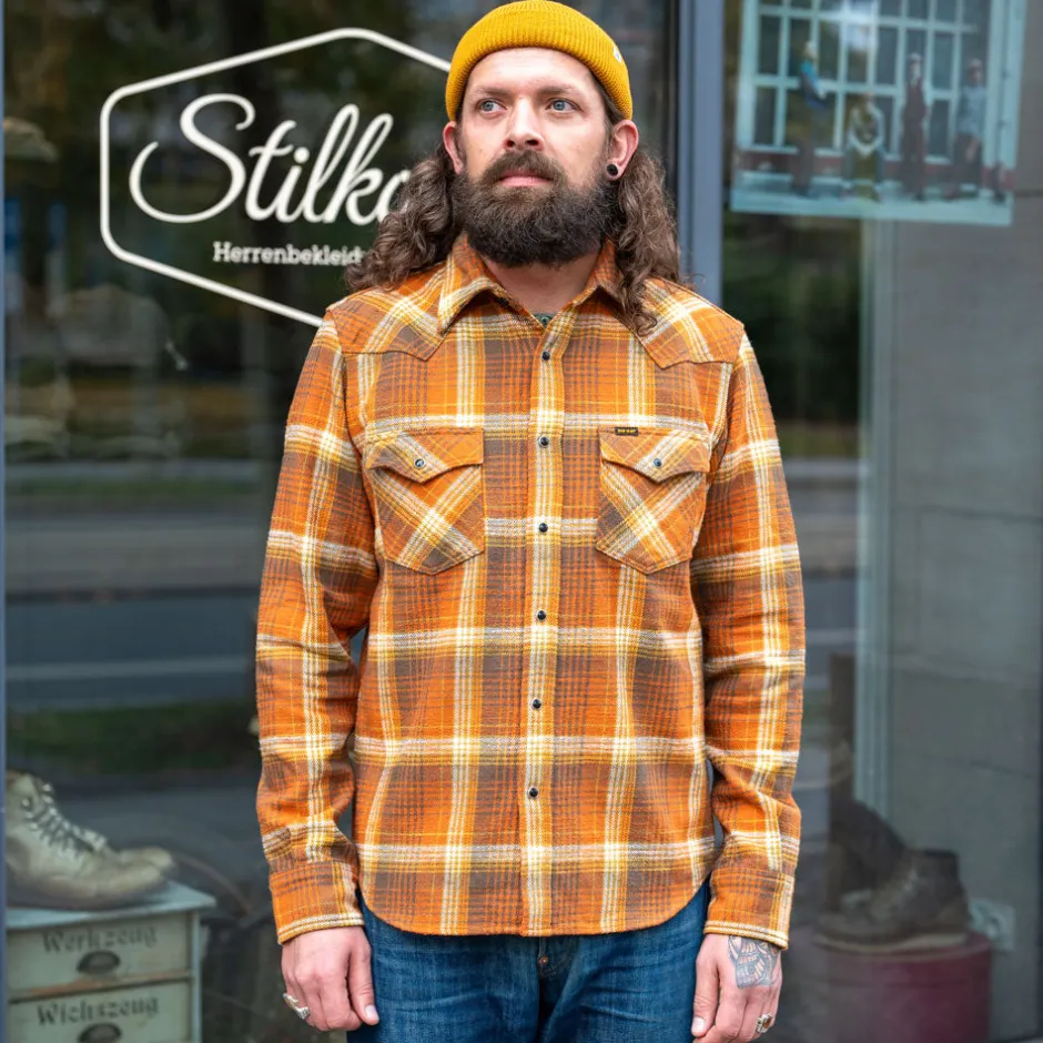Iron Heart Hemden>12oz. Slubby Heavy Flannel Western Shirt IHSH-399-ORA Orange