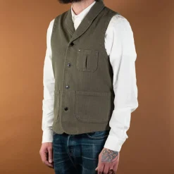 Momotaro Westen>Sashiko Shawl Collar Vest Olive