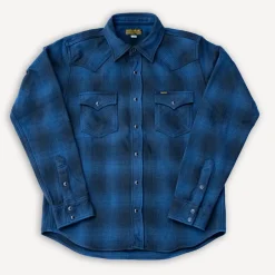 Iron Heart Hemden>Ultra Heavy Flannel Ombré Check Western Shirt IHSH-264-NAV Navy
