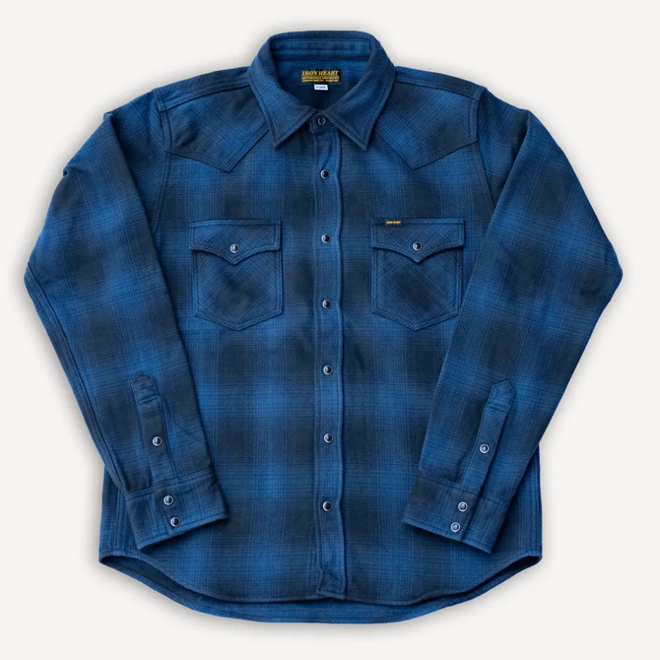 Iron Heart Hemden>Ultra Heavy Flannel Ombré Check Western Shirt IHSH-264-NAV Navy
