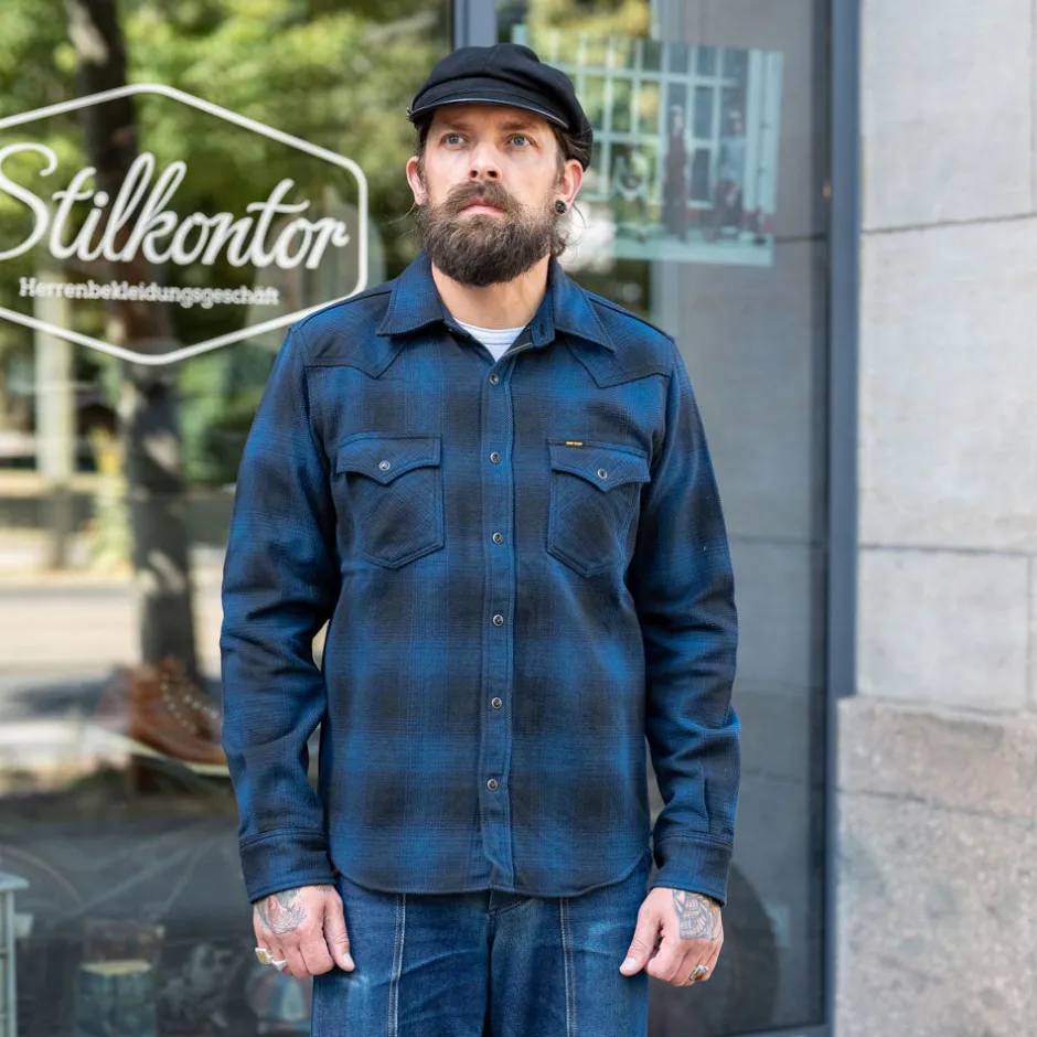 Iron Heart Hemden>Ultra Heavy Flannel Ombré Check Western Shirt IHSH-264-NAV Navy